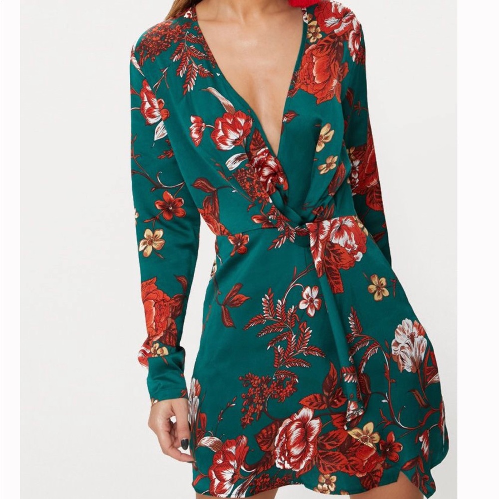 Emerald Green Floral Satin Long Sleeve Wrap Dress